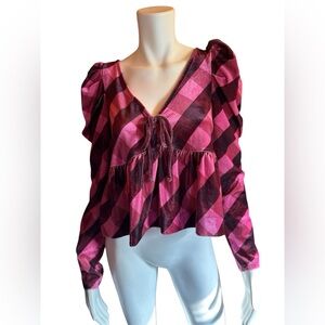 Maeve Anthropologie medium blouse Pink and Black Checkered Women's Top nwt